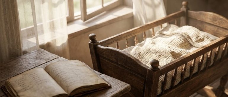 Колыбель и старинная книга с именами у окна